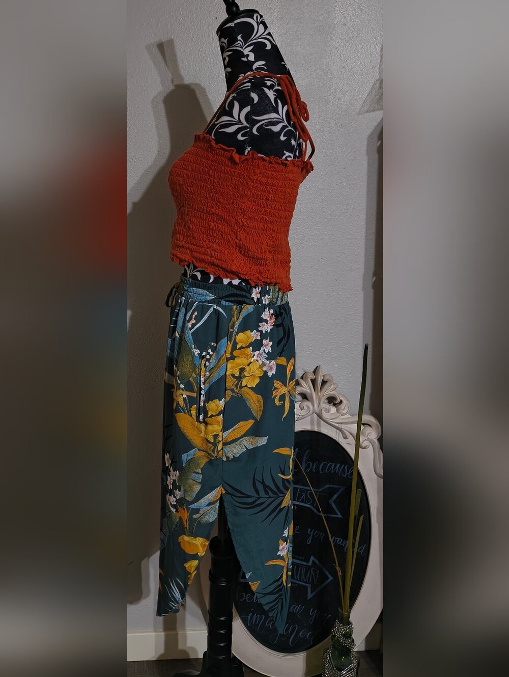 Tropical Print Elastic Waist Skirt - Teal with Yellow Floral - Picture 3 of 8